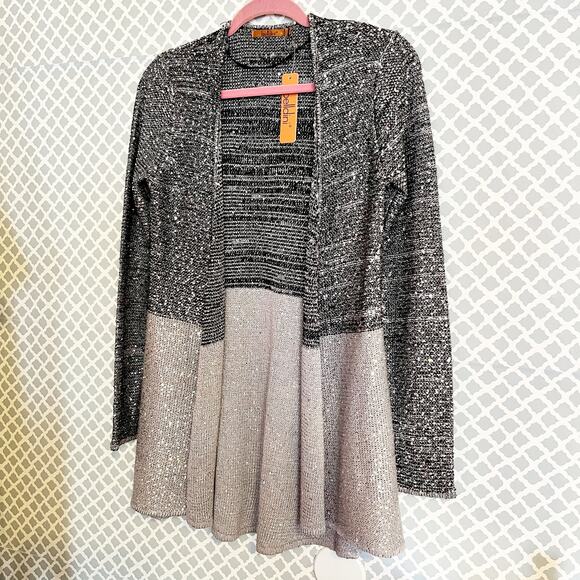 BELLDINI Black & Gray Sequined Knit Open Front Cardigan Sweater, S, NWT! - Picture 4 of 9